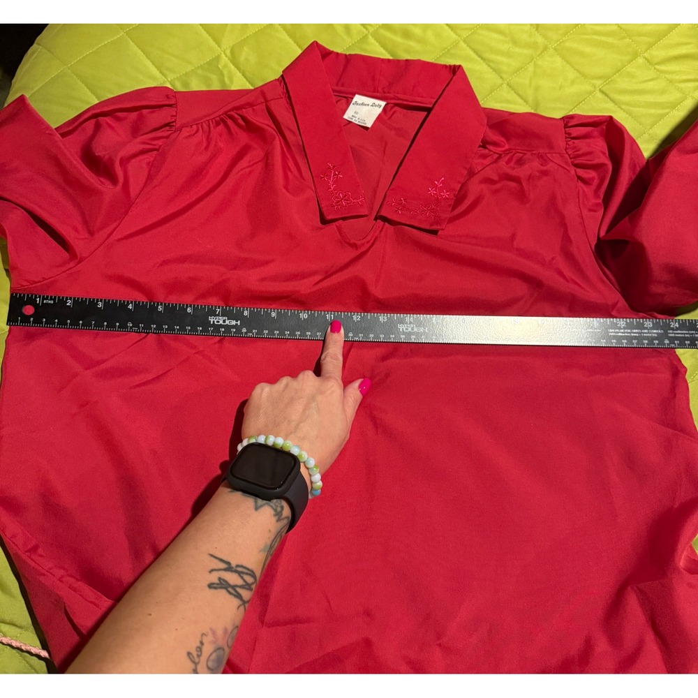 Fashion Lady Blouse Women 40 Red Good Vintage Embroidered Collar Long Sleeve - Picture 4 of 10